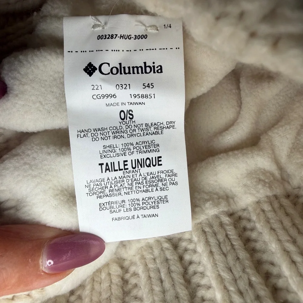 Columbia Youth Cable Knit Fleece Lined Beanie Cream One Size OS
